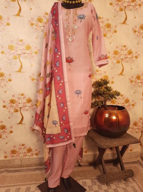 PInk Color Pichwai Print Soft Silk Suit