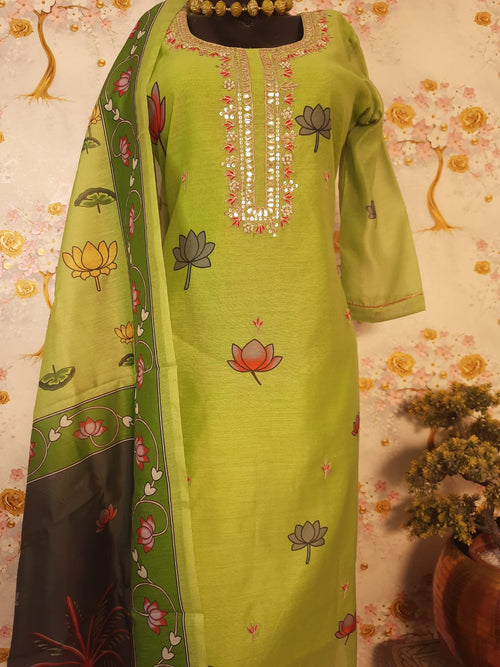 FLORANCE GREEN COLOR  MUSLIN SILK WITH HAND WORK AARI SUIT