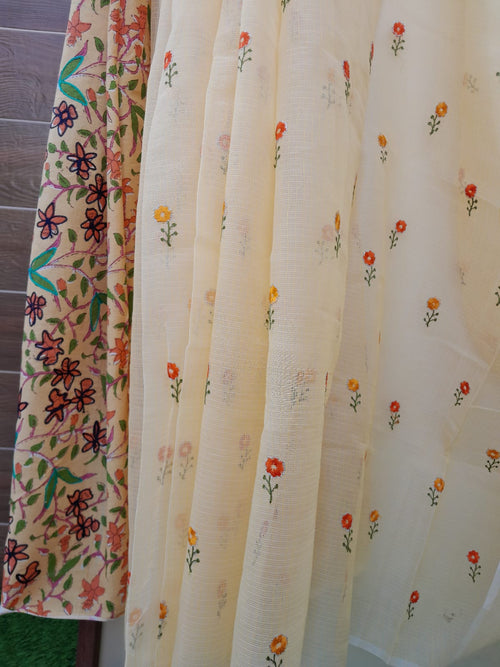 Light Lemom Yellow Color Kota Doriya With  Embroidery Saree