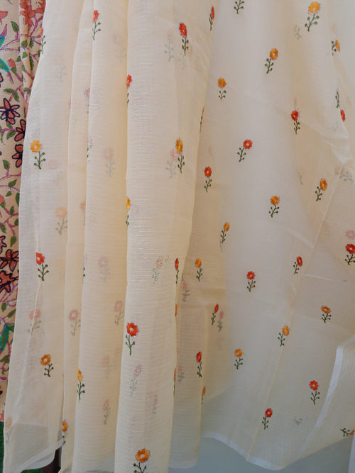 Light Lemom Yellow Color Kota Doriya With  Embroidery Saree
