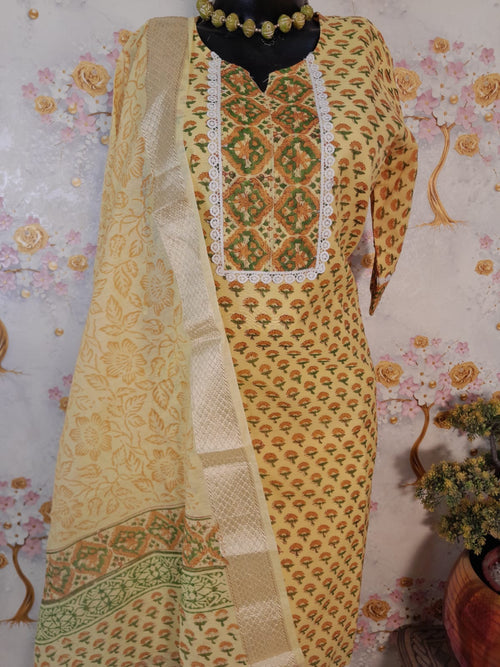 LEMON YELLOW COLOR MAHESHWARI SILK BLOCK PRINT SUIT