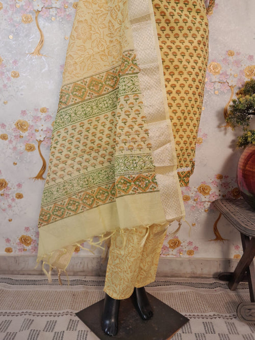 LEMON YELLOW COLOR MAHESHWARI SILK BLOCK PRINT SUIT