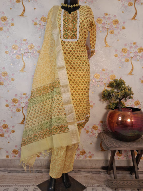 LEMON YELLOW COLOR MAHESHWARI SILK BLOCK PRINT SUIT