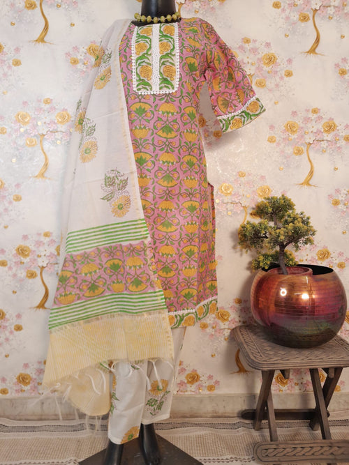 PINK COLOR  HANDLOOM CHANDERI SILK  BLOCK PRINT SUIT