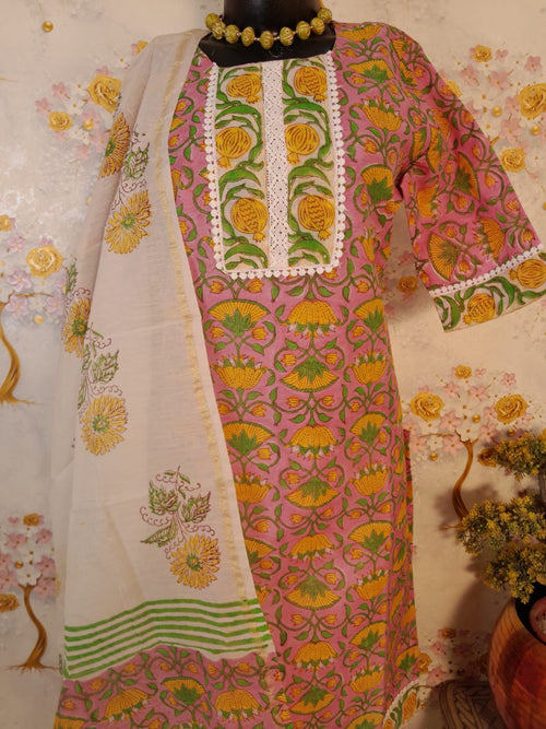 PINK COLOR  HANDLOOM CHANDERI SILK  BLOCK PRINT SUIT