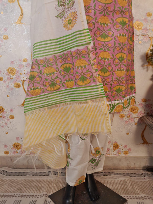 PINK COLOR  HANDLOOM CHANDERI SILK  BLOCK PRINT SUIT