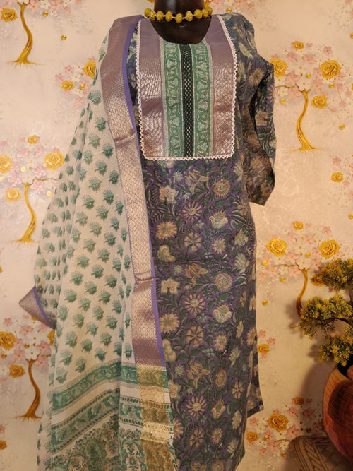 BLUE COLOR MAHESHWARI SILK BLOCK PRINT  SUIT