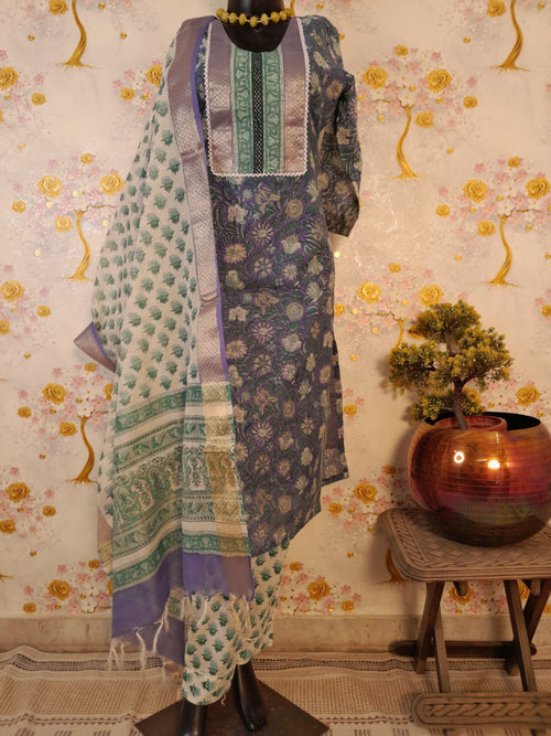 BLUE COLOR MAHESHWARI SILK BLOCK PRINT  SUIT