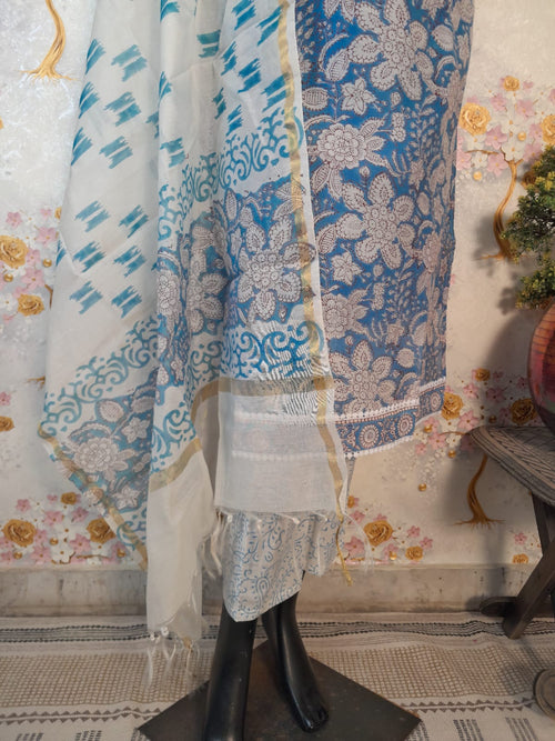 SKY BLUE COLOR  HANDLOOM CHANDERI SILK BLOCK PRINT SUIT