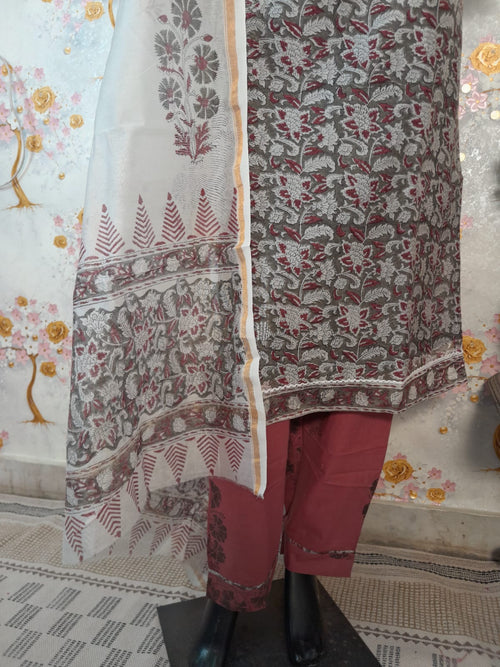 GREY COLOR HANDLOOM CHANDERI SILK BLOCK PRINT SUIT