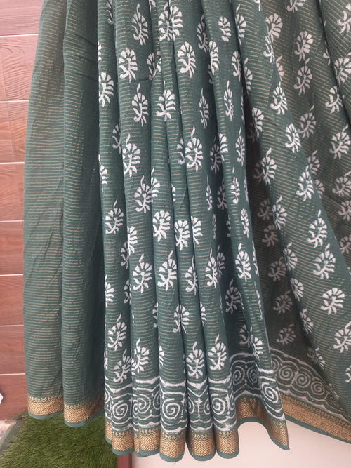 Dark Green Mulmul Cotton Saree