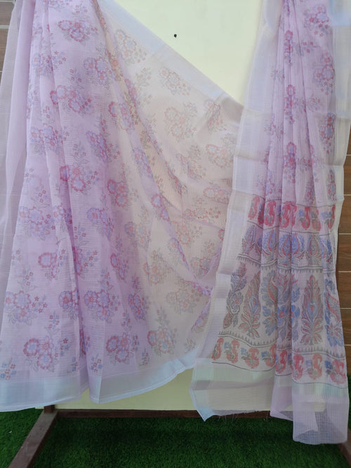 Lavender Color Kota  Doria Block Print  Saree With Zari Border