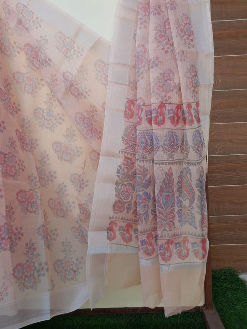 Peach Color Kota Doria Block Print Saree  With Zari Border