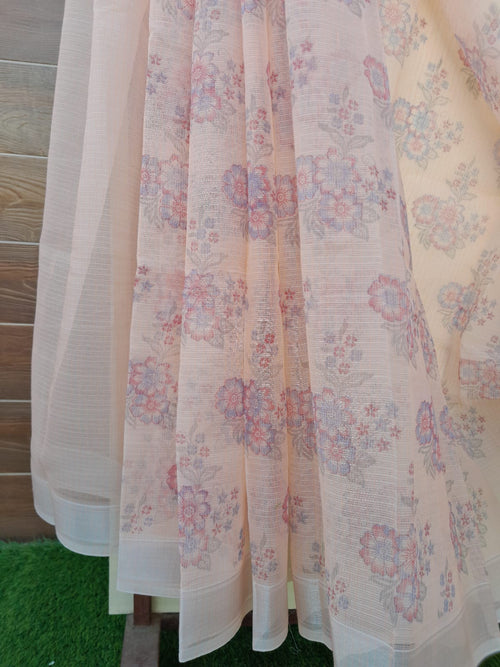 Peach Color Kota Doria Block Print Saree  With Zari Border
