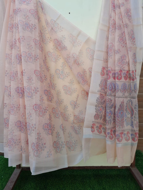 Peach Color Kota Doria Block Print Saree  With Zari Border