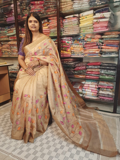 Designer Khadi Handloom Silk Beige Color Embroidery Saree