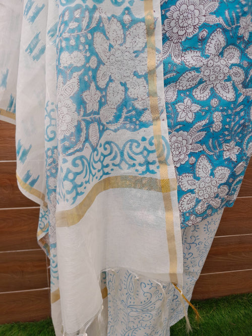 Ocean Blue Color Chanderi Silk Block Print Suit
