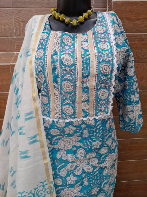 Ocean Blue Color Chanderi Silk Block Print Suit