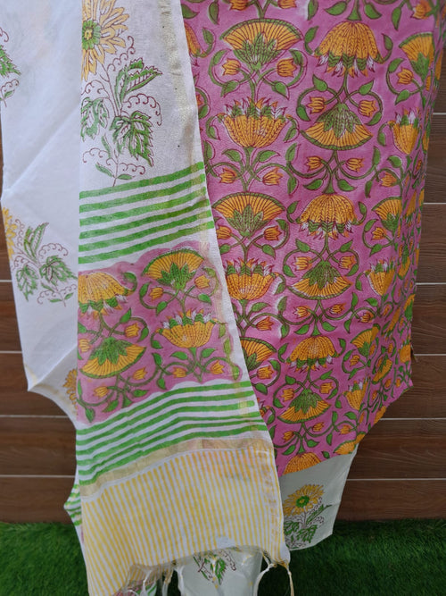 Pink Color Chanderi Silk Block Print stitched suit