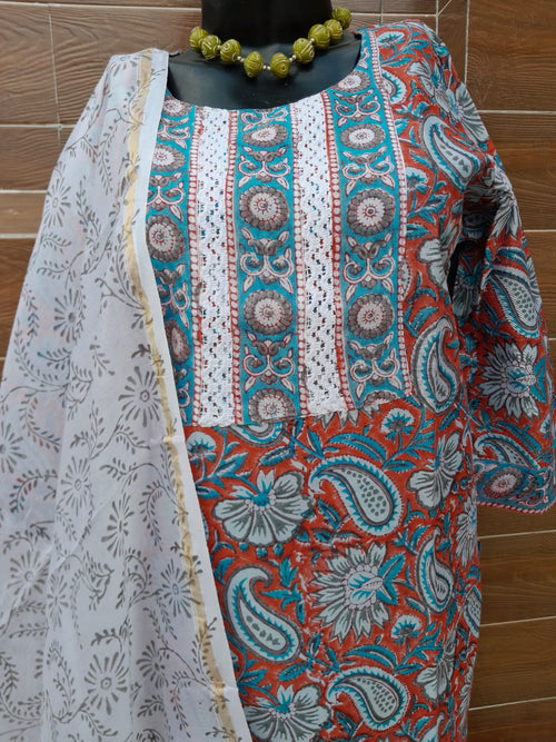 Rust Color Chanderi Silk Block Print Suit