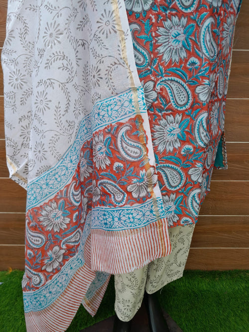 Rust Color Chanderi Silk Block Print Suit