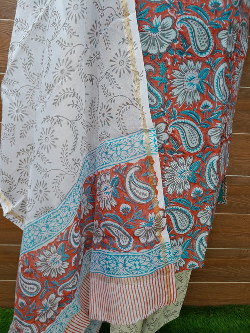 Rust Color Chanderi Silk Block Print Suit