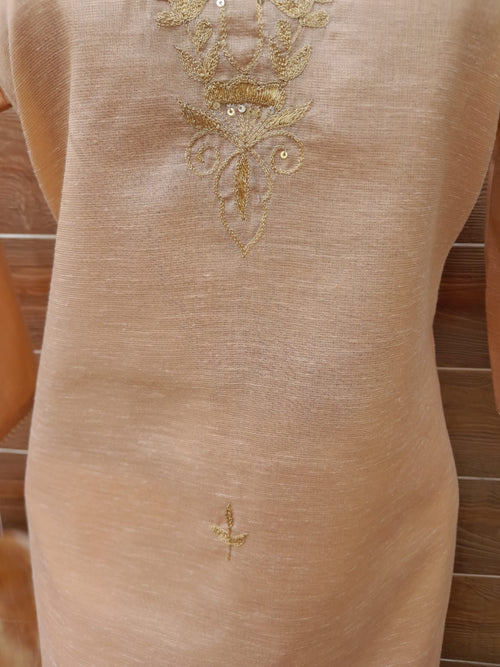 Peach Golden Aari Work  Khadi Tissue Silk Suit