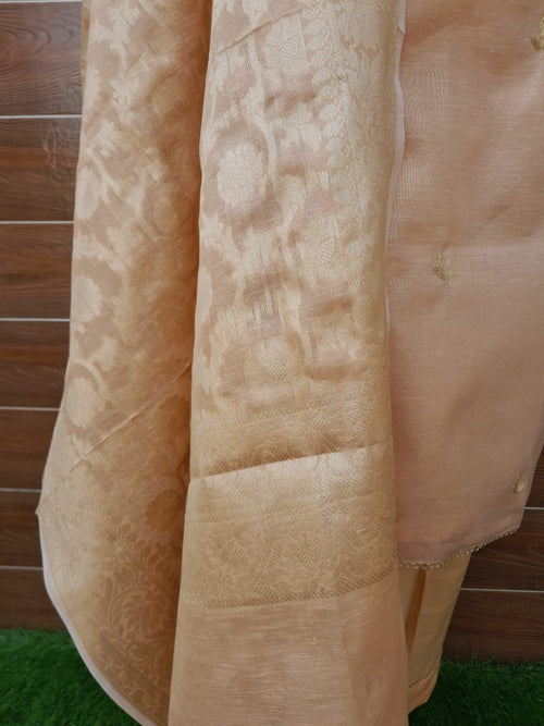 Peach Golden Aari Work  Khadi Tissue Silk Suit