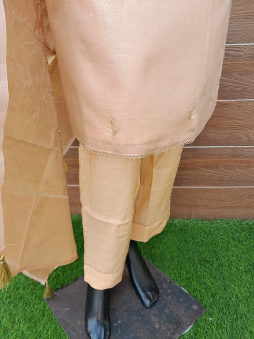 Peach Golden Aari Work  Khadi Tissue Silk Suit