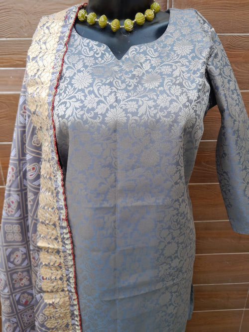 Steel Grey Color Banarsi Silk with gotta patti dupatta
