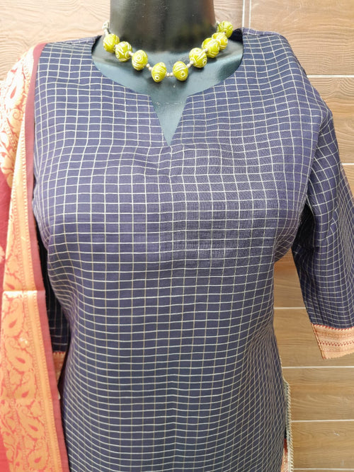 Soft Organza Silk Dark Blue Color Stitched suit