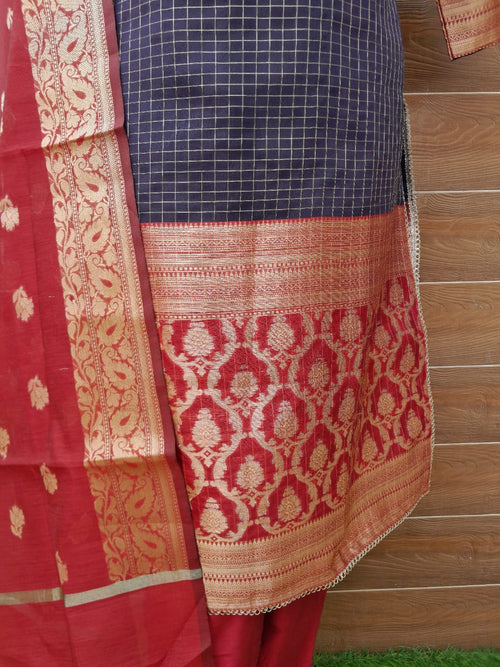 Soft Organza Silk Dark Blue Color Stitched suit