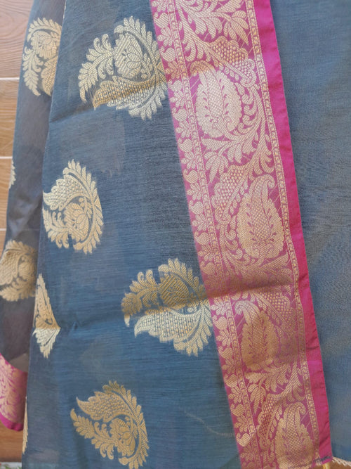 Dark Grey Handloom Silk With Banarsi Silk Dupatta
