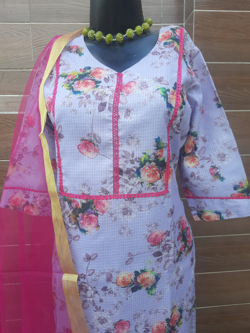 Lavender color Kota Doria  Suit  With Organza silk Dupatta - Aaditri fab
