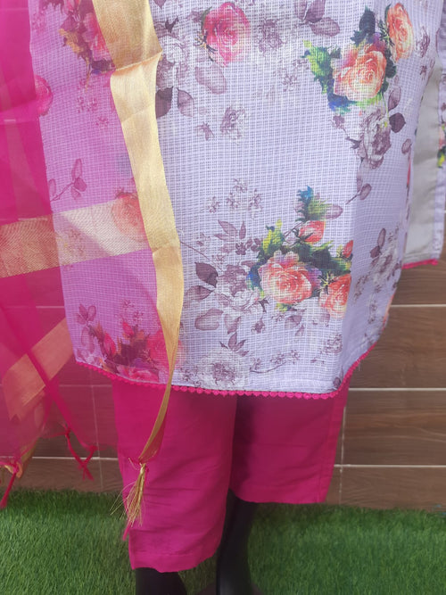 Lavender color Kota Doria  Suit  With Organza silk Dupatta - Aaditri fab