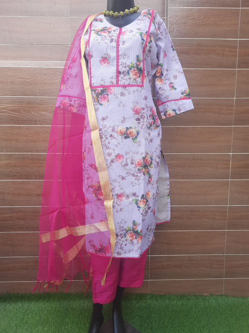 Lavender color Kota Doria  Suit  With Organza silk Dupatta - Aaditri fab