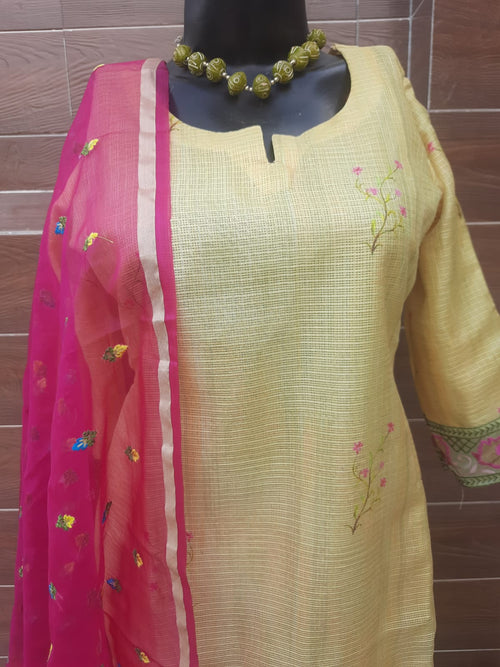 Designer Lemon Yellow Kota Silk Suit - Aaditri fab
