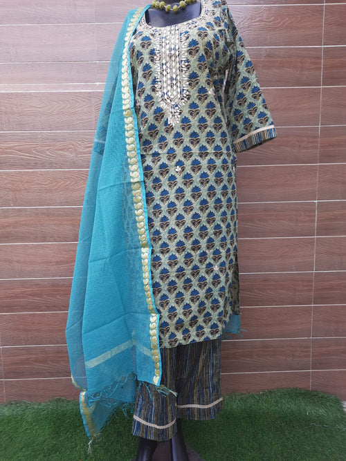 Ajrakh print Pastel color cotton suit  with gotta aptti work