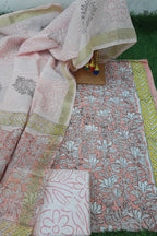 Light peach cotton dress material with kota doria dupatta