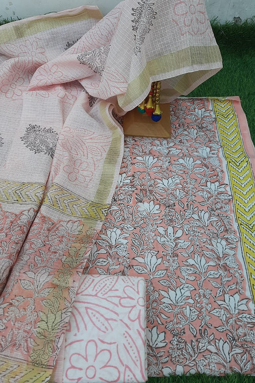 Light peach cotton dress material with kota doria dupatta
