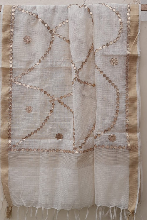 White Kota Doria Zari Border Dupatta With All Over Gota Work