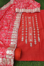 ORANGE CHANDERI GOTA PATTI SUIT WITH VERMILION CREAPE PATOLA SILK DUPATTA