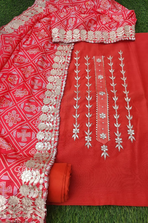 ORANGE CHANDERI GOTA PATTI SUIT WITH VERMILION CREAPE PATOLA SILK DUPATTA