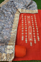 ORANGE CHANDERI GOTA PATTI SUIT WITH GREY CREAPE PATOLA SILK DUPATTA