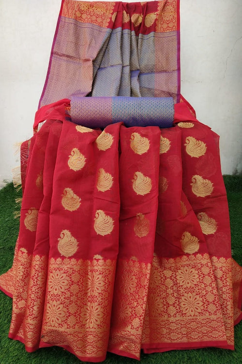 RED WITH RED BORDER BANARASI ZARI WEAVING SAREE WITH BLOUSE