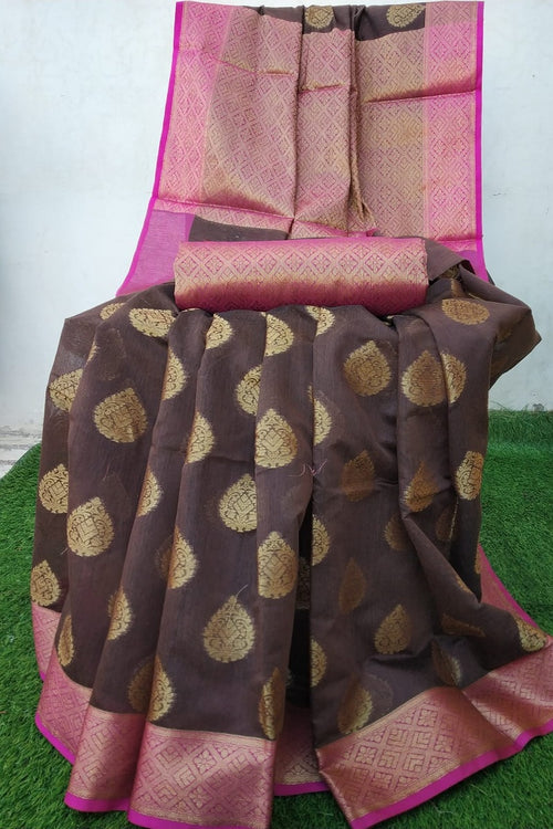 WALNUT WITH PINK BORDER BANARASI ZARI WEAVING SAREE WITH BLOUSE