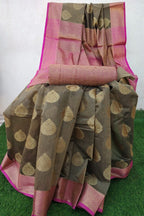 CEDAR  WITH PINK BORDER BANARASI ZARI WEAVING SAREE WITH BLOUSE