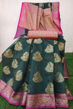 BOTTLE GREEN WITH PINK BORDER BANARASI ZARI WEAVING SAREE WITH BLOUSE