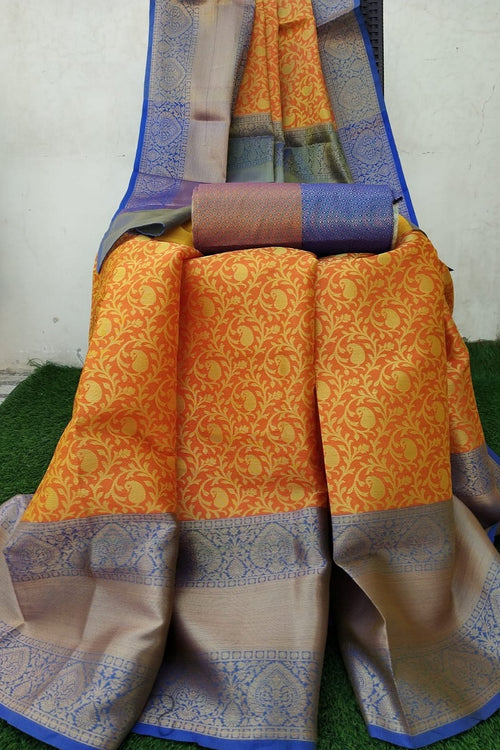 MUSTARD YELLOW WITH BLUE BORDER BANARASI ZARI WEAVED SAREE
