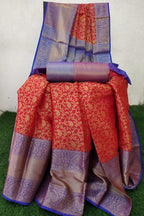 REDDISH WITH BLUE BORDER BANARASI ZARI WEAVED SAREE